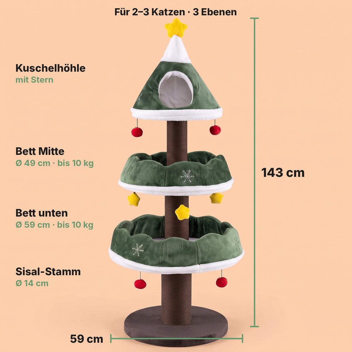 Maße Etagen-Baum: 143 cm hoch, 59 cm breit, Betten Ø 49 und 59 cm bis 10 kg, Sisal-Stamm Ø 14 cm