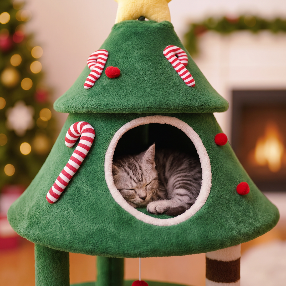 Kätzchen schläft in der kuscheligen oberen Höhle des Weihnachts-Kratzbaums