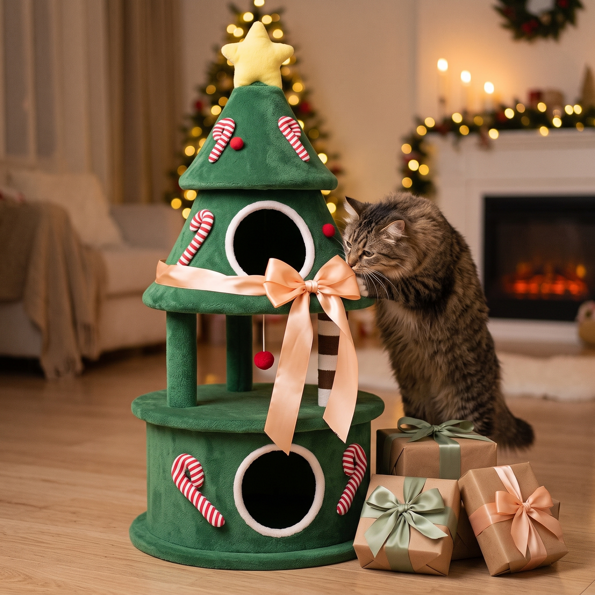 Katzen-Weihnachtsbaum als Geschenk mit Schleife und Paketen