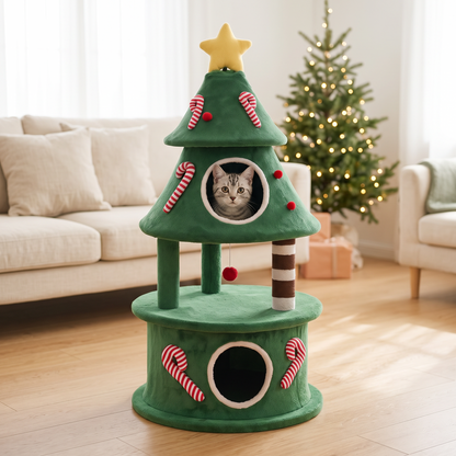 Katzen-Weihnachtsbaum Kratzbaum im Tannen-Design mit Katze in der oberen Höhle
