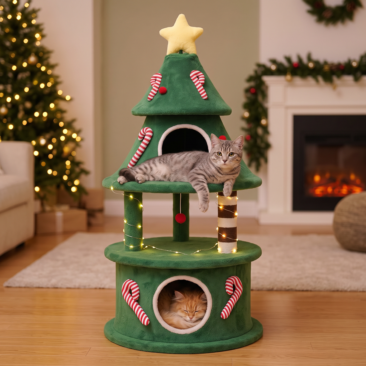 Kratzbaum im Weihnachtsbaum-Look mit Lichterkette, Katze schläft in der unteren Höhle