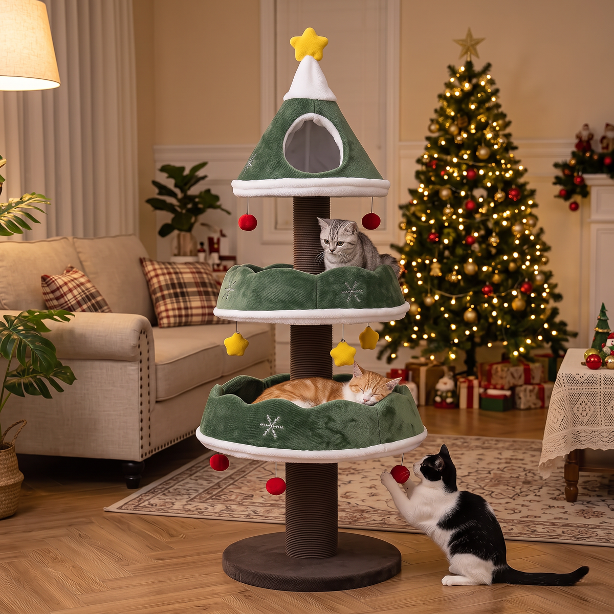 Etagen-Baum am Abend mit drei Katzen auf den Ebenen