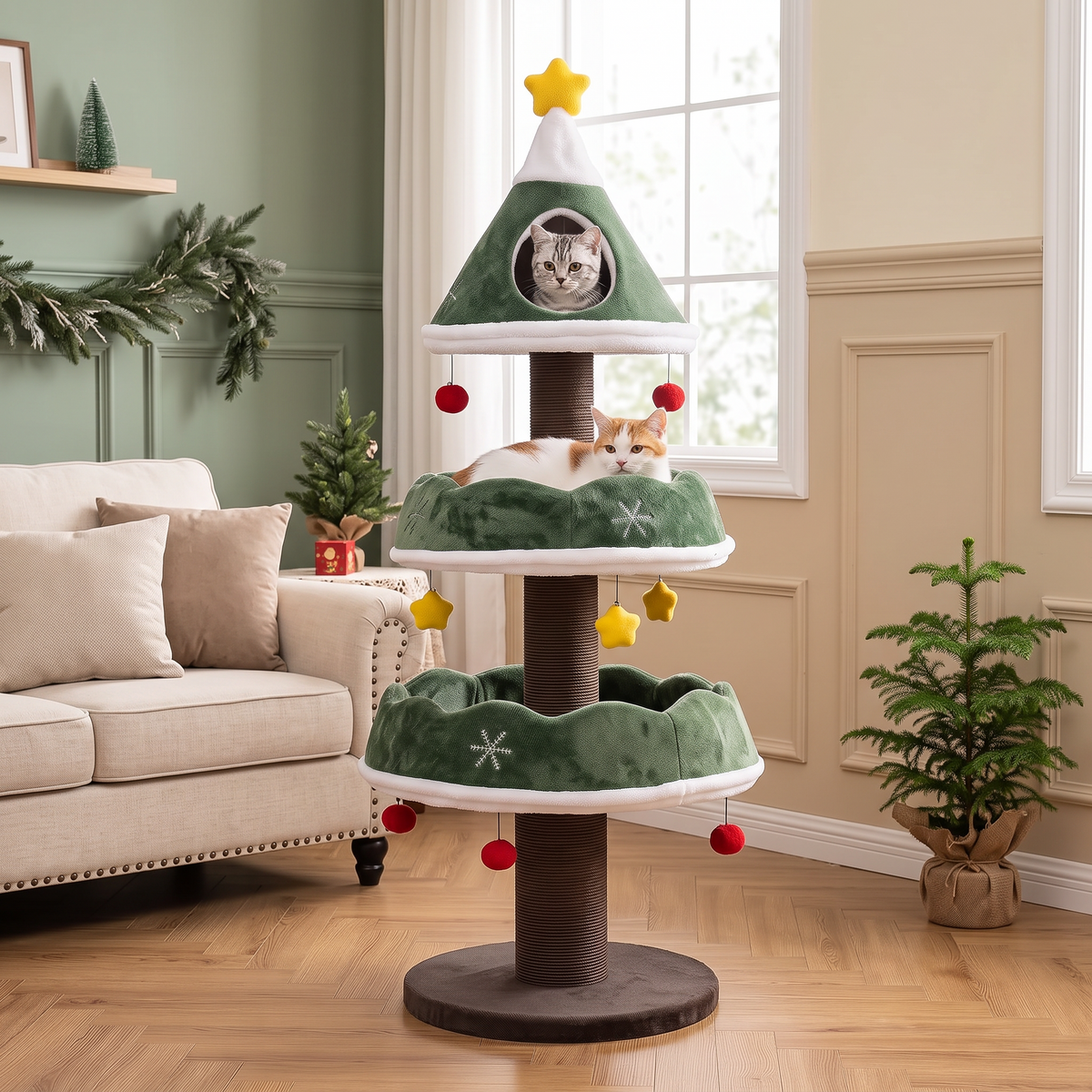 Etagen-Baum: Katzen-Weihnachtsbaum mit Kuschelhöhle, 2 Plüsch-Betten und Sisal-Stamm im Wohnzimmer