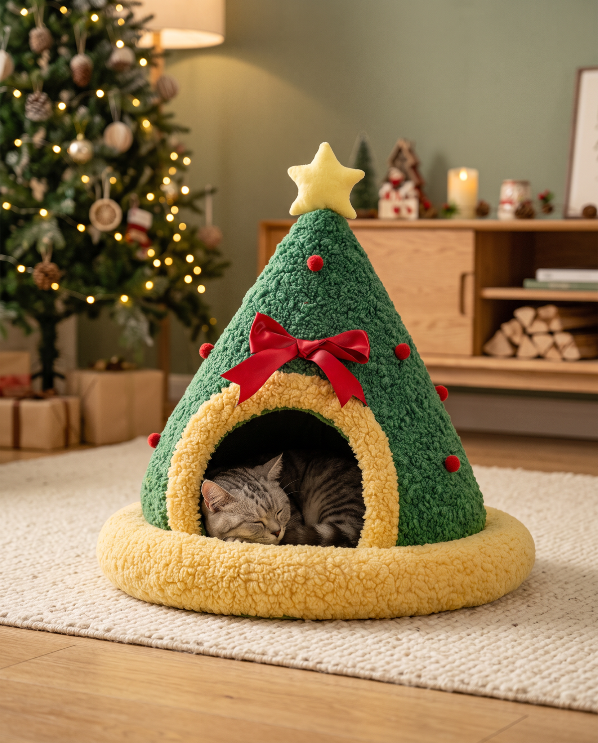 Katze schläft im Weihnachtsbaum-Nest im Wohnzimmer am Abend