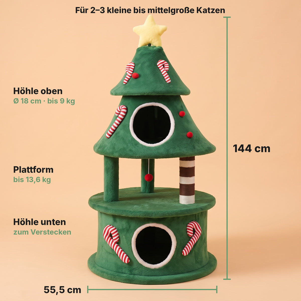 Maße Katzen-Weihnachtsbaum: 144 cm hoch, 55,5 cm breit, Höhle oben Ø 18 cm bis 9 kg, Plattform bis 13,6 kg